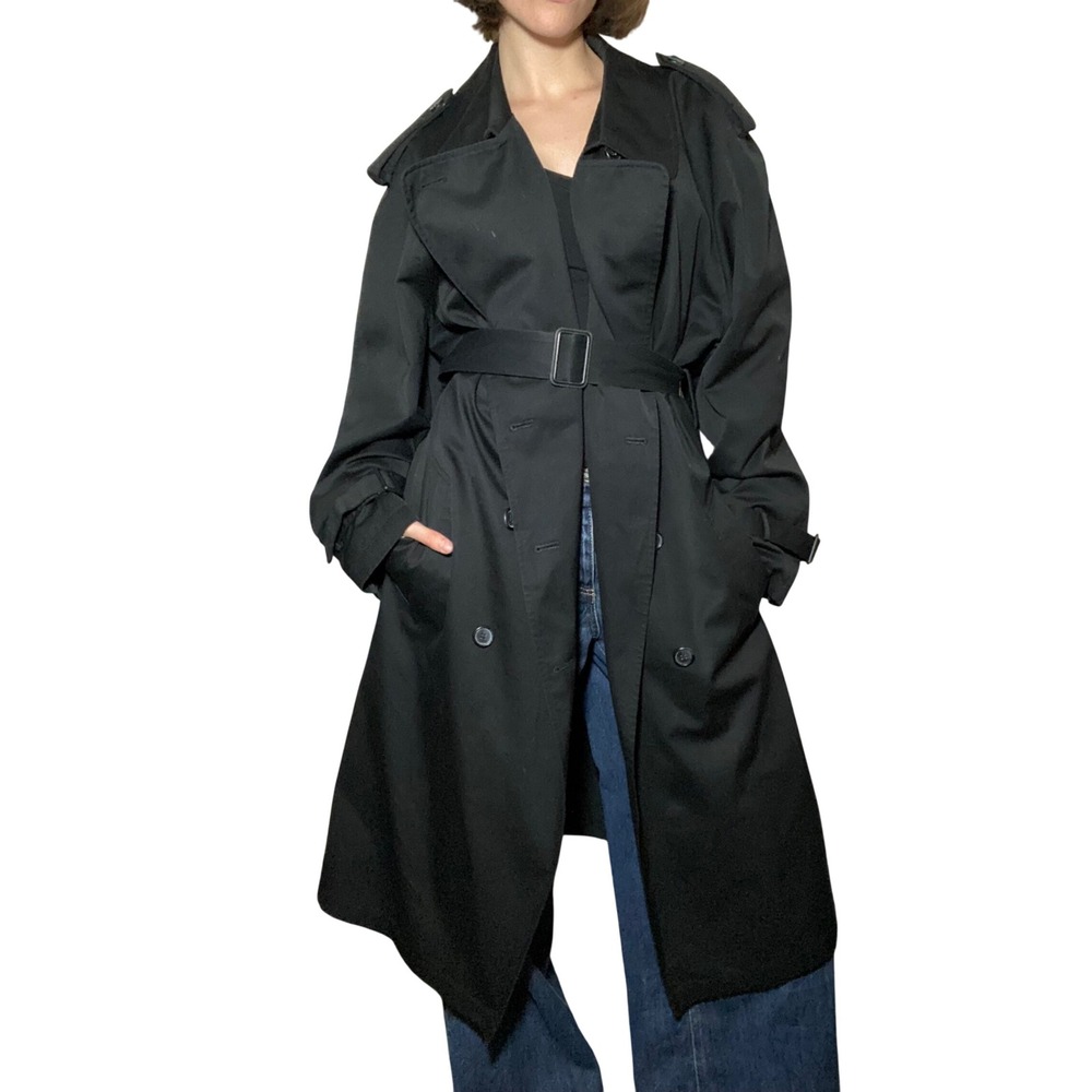Classic Style VTG Dark Academia Black Trench Coat Double Breasted Belted Long L